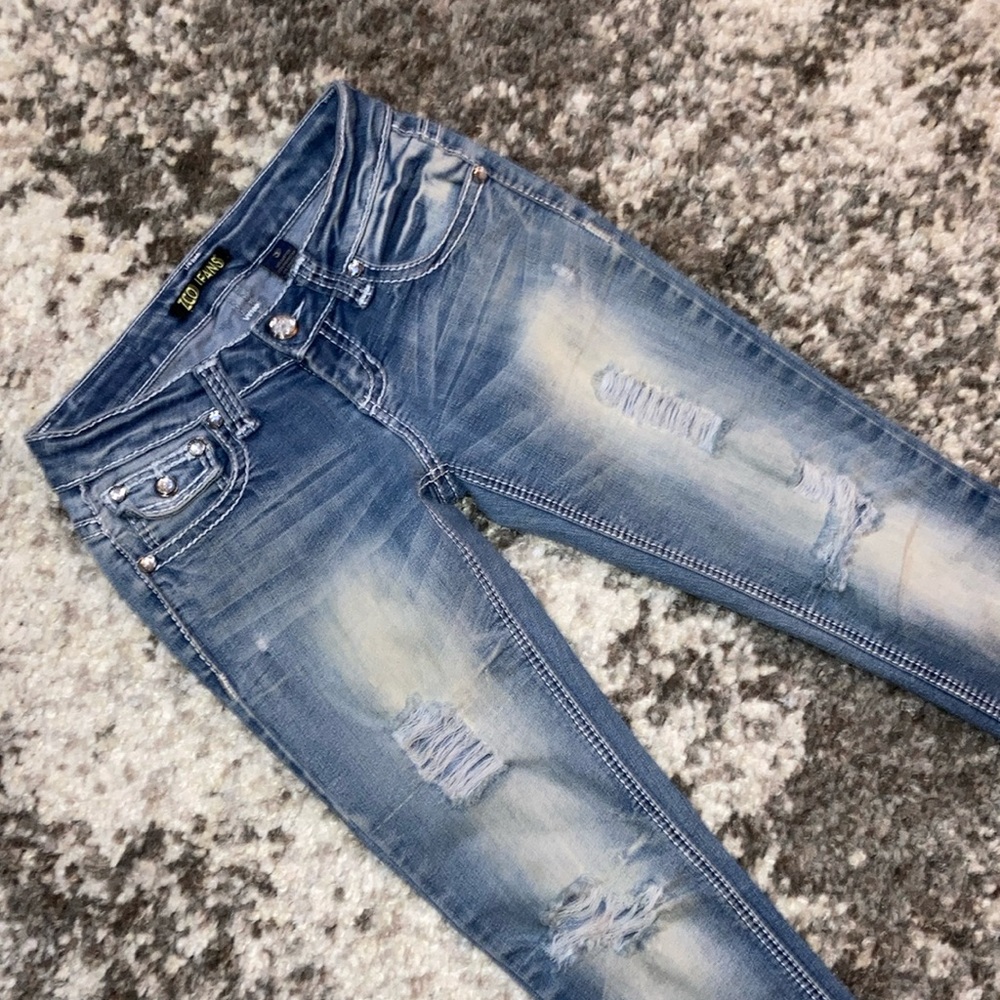 Zco Rhinestone Embellished Light Blue Distressed Jeans Size 3